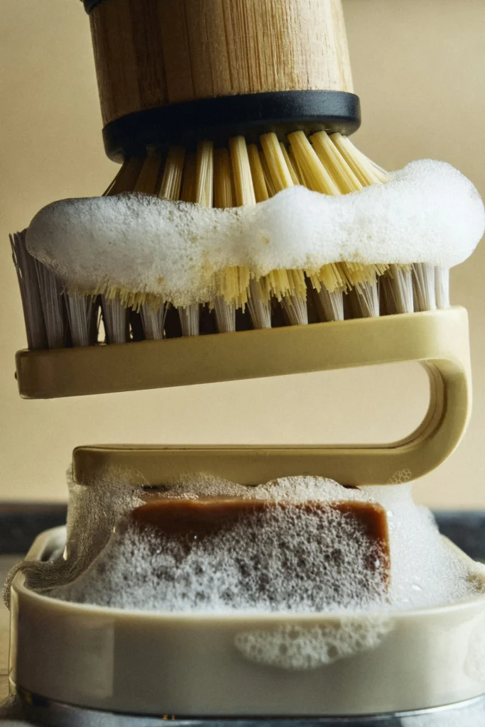 Wooden dish brush resting on a soap dish